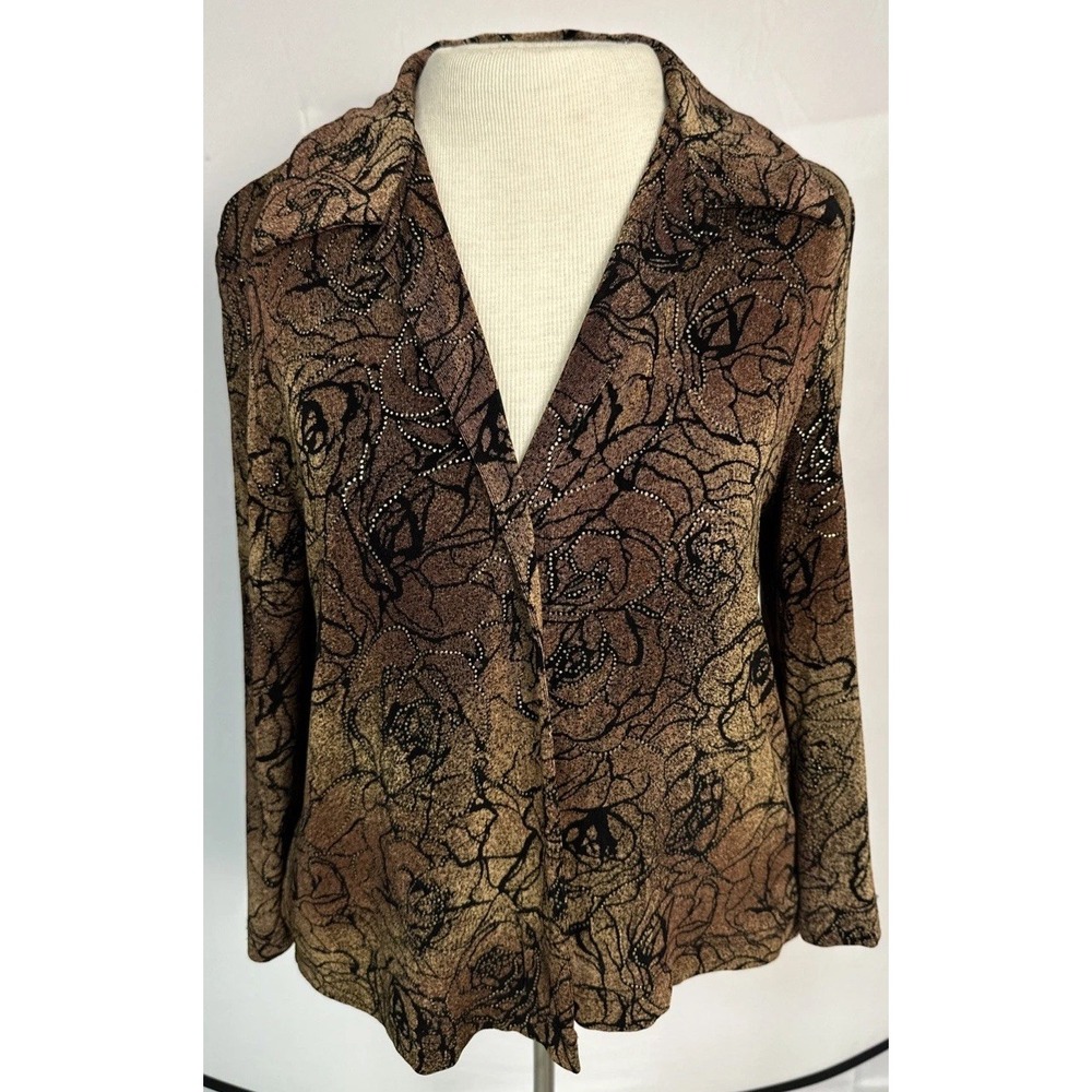 VTG90s Dressbarn MetallicGold & BlackFloralRoseFloral CrinkleKnitOpenJacket Sz 6